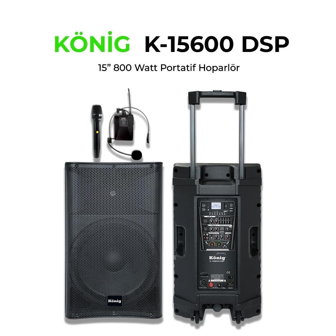 KÖNİG K-15600 DSP 800W 15 İNÇ AKTİF HOPARLÖR 1 EL + 1 YAKA MİKROFON